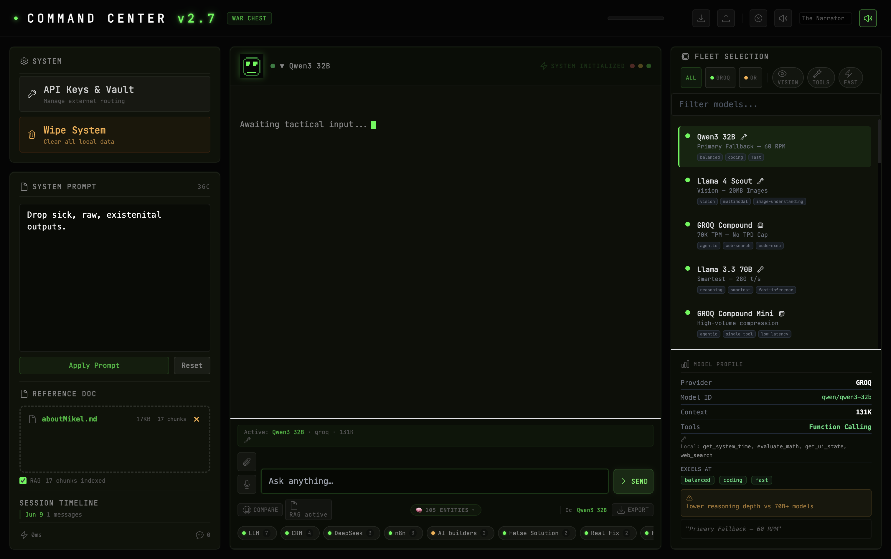 freeAI Command Center initialization state