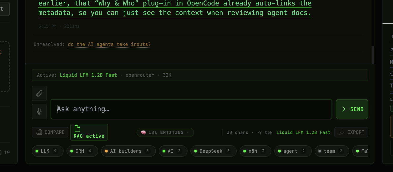 Session Intelligence Watcher card surfacing an unresolved question as a clickable follow-up chip beneath an AI response